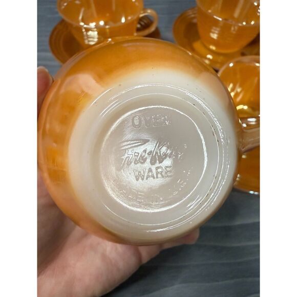 Vintage Fire-King Peach Lustre Cups & Saucers (Set of 4) – 1950s Anchor Hocking - Picture 4 of 5